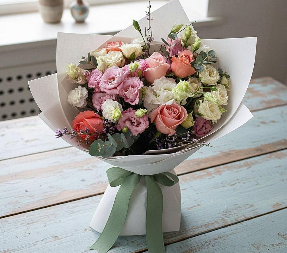 Букет далекие берега в Коломне Букет цветов из: Розы, Лизиантусы и Гвоздики в Коломне