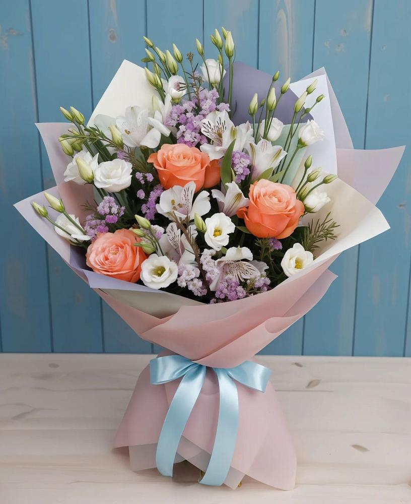 Букет Утренняя свежесть в Коломне Букет цветов из: Лизиантусы, Розы, Альстромерии и Гипсофила в Коломне
