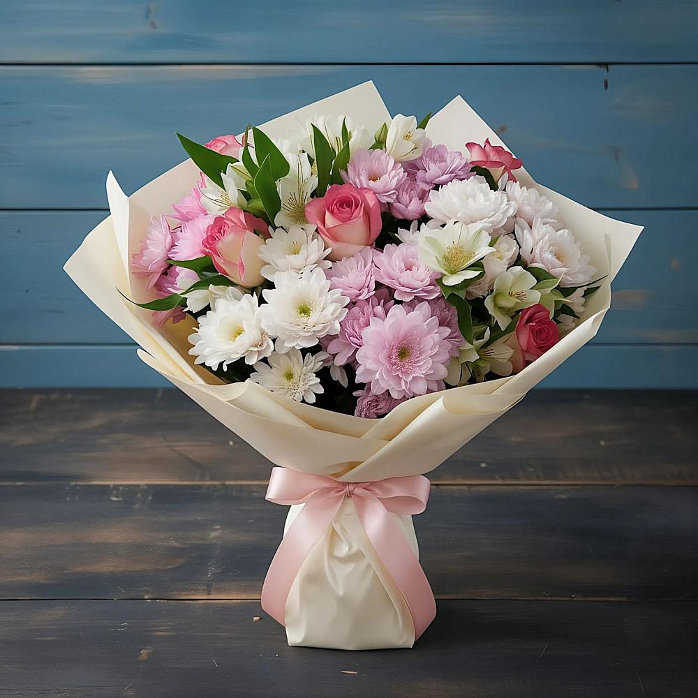Букет Розовое очарование в Коломне Букет цветов из: Хризантемы, Альстромерии и Розы в Коломне